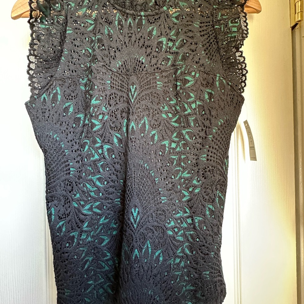 White House Black Market Black and Green Lace Blouse